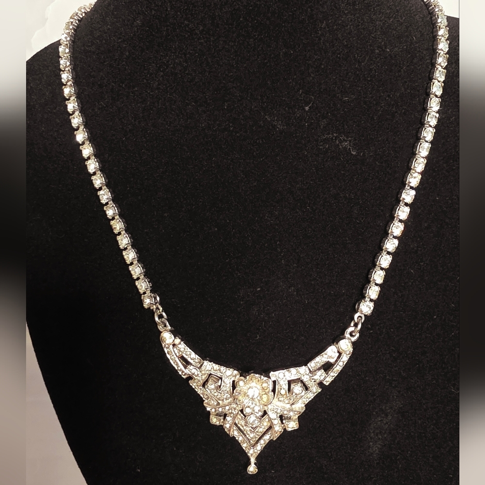Vintage 1950s Ledo Art Deco Silver Rhinestone Necklace